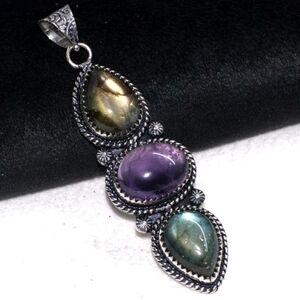 Labradorite, Amethyst Gemstone 925 Sterling Silver Pendant Necklace